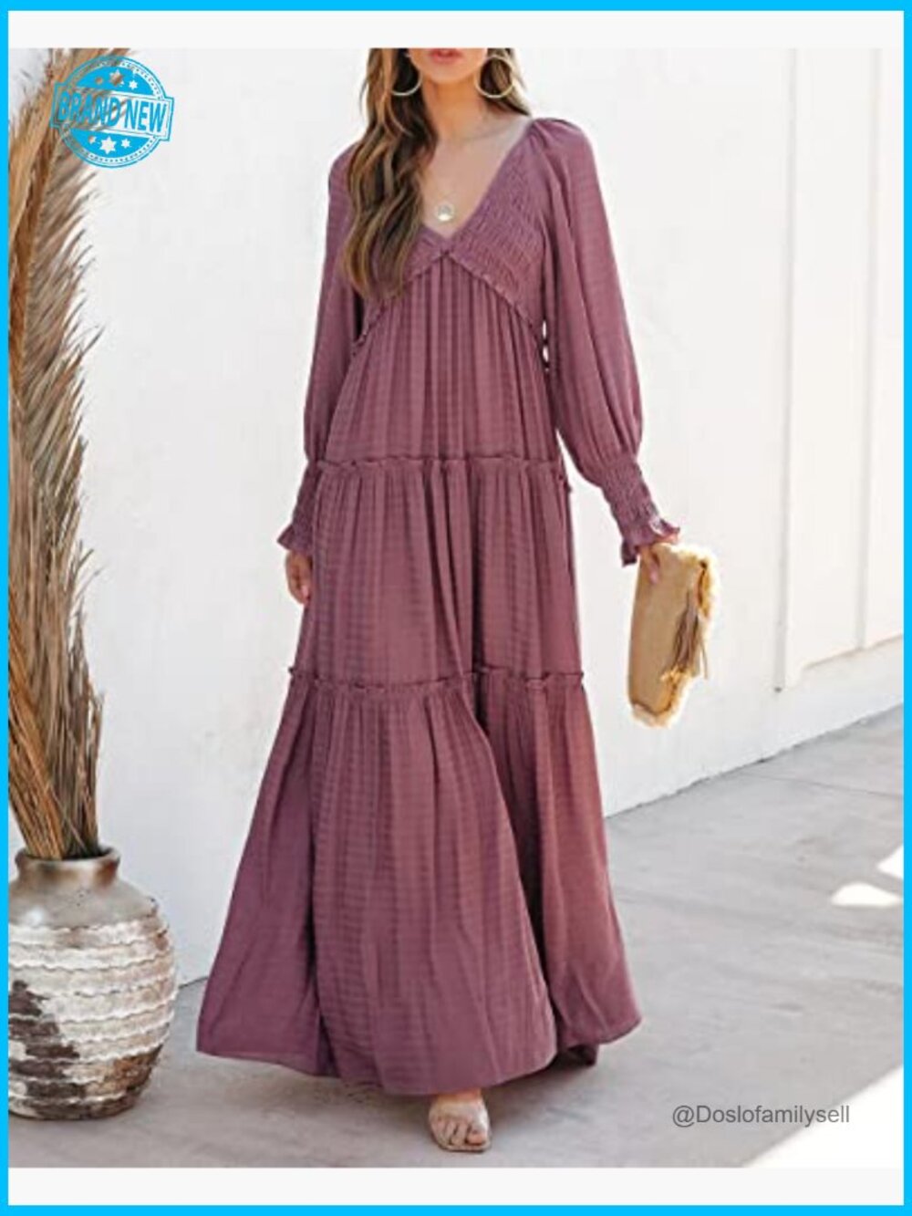 Long Sleeve V Neck Maxi Dress Empire Waist Boho Flowy Casual Elegant - Picture 4 of 7